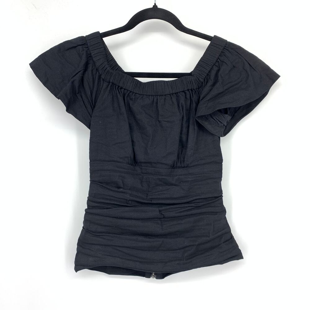 Nicole Miller Artelier Ruched Front Off Shoulder Top Womens P XS Black Back Zip